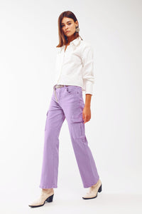 Q2 Women's Jean Straight Leg Cargo Jeans In Purple