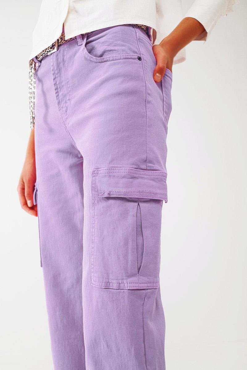 Q2 Women's Jean Straight Leg Cargo Jeans In Purple