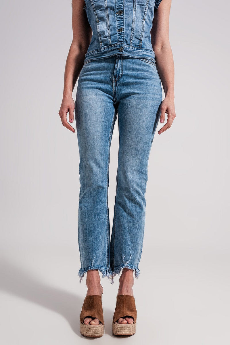 Q2 Women's Jean Straight Leg Fray Hem Jeans in Blue