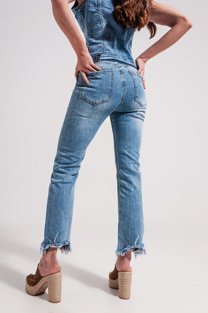 Q2 Women's Jean Straight Leg Fray Hem Jeans in Blue
