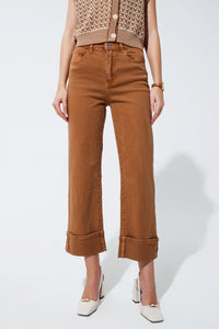 Q2 Women's Jean Straight Leg Jeans In Camel With Folded Trouser Legs