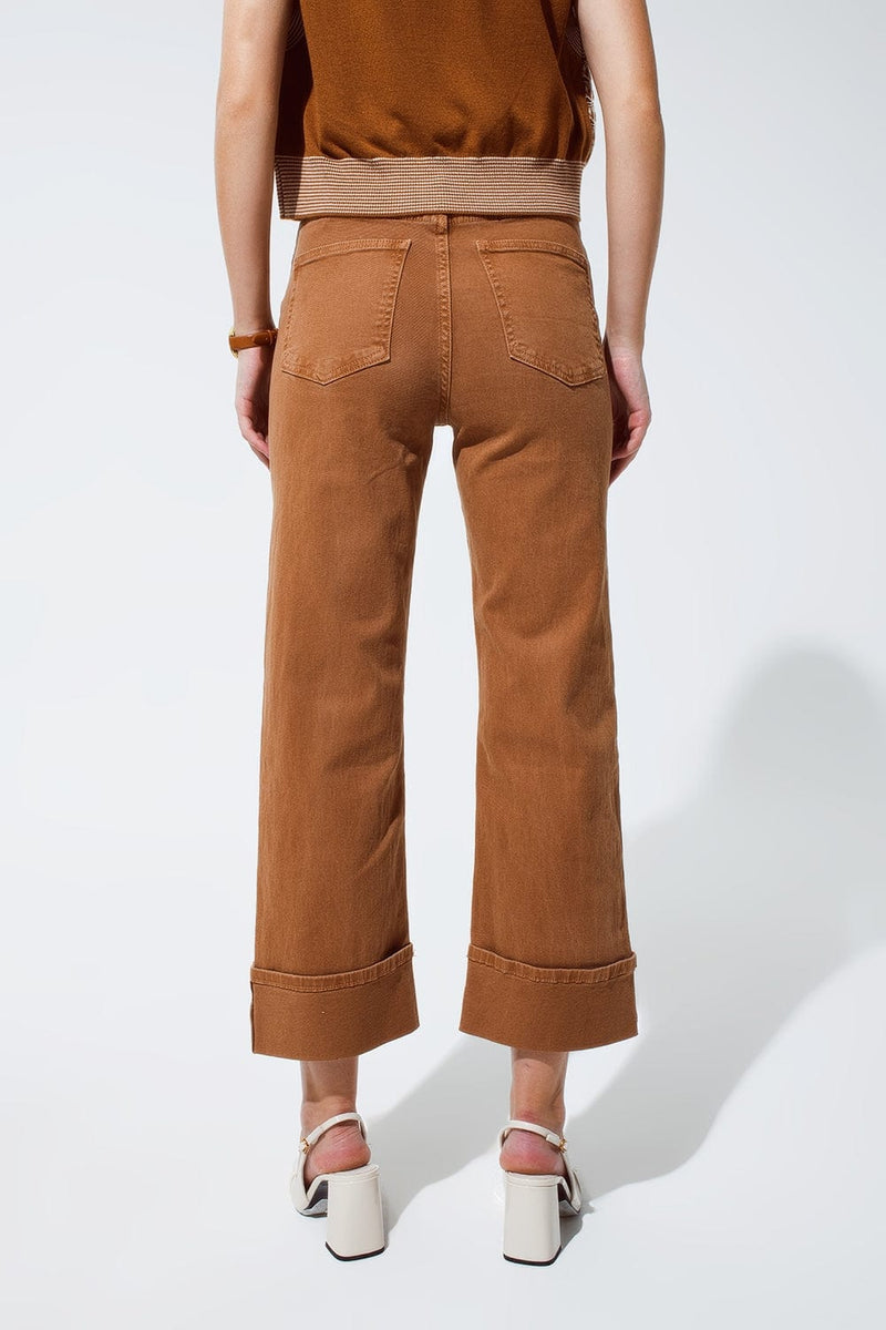 Q2 Women's Jean Straight Leg Jeans In Camel With Folded Trouser Legs