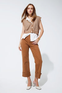 Q2 Women's Jean Straight Leg Jeans In Camel With Folded Trouser Legs