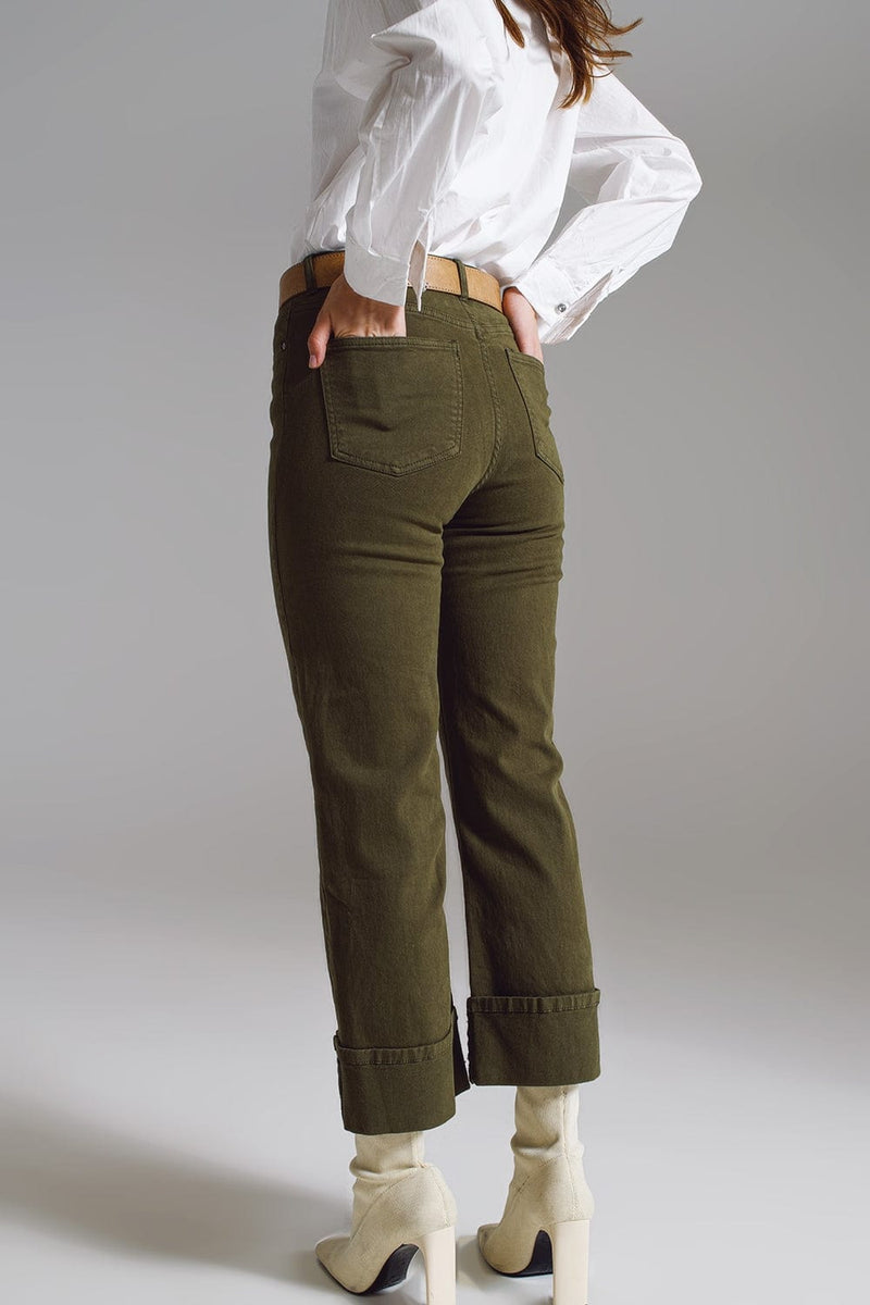 Q2 Women's Jean Straight Leg Jeans With Cropped Hem In Dark Green