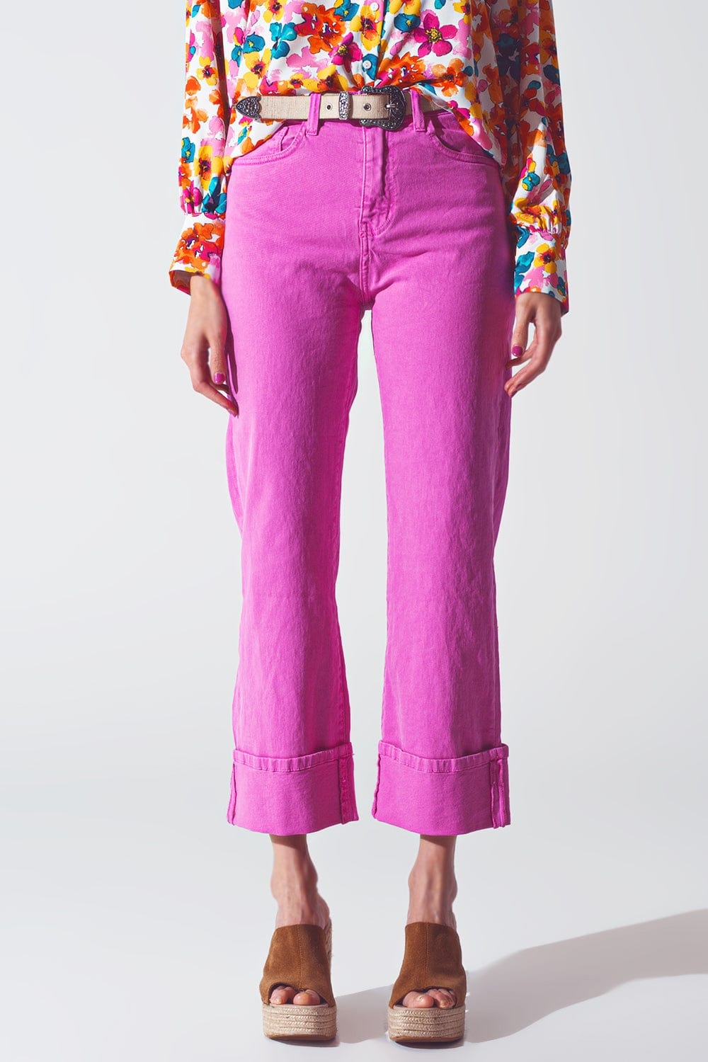 Q2 Women's Jean Straight Leg Jeans With Cropped Hem In Fuchsia