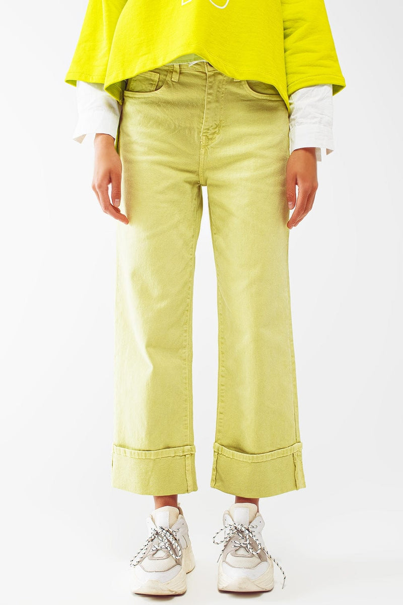 Q2 Women's Jean Straight Leg Jeans With Cropped Hem In Lime Green