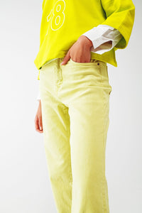 Q2 Women's Jean Straight Leg Jeans With Cropped Hem In Lime Green