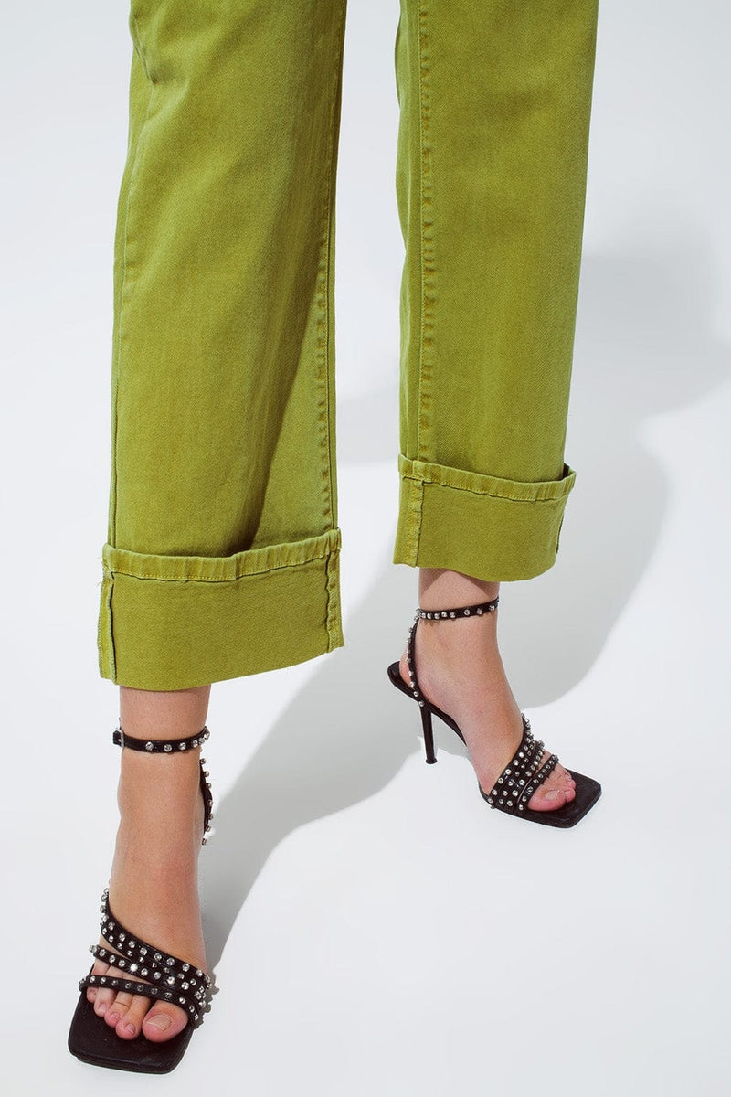 Q2 Women's Jean Straight Leg Jeans With Cropped Hem In Olive Green