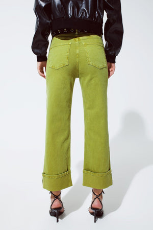 Q2 Women's Jean Straight Leg Jeans With Cropped Hem In Olive Green