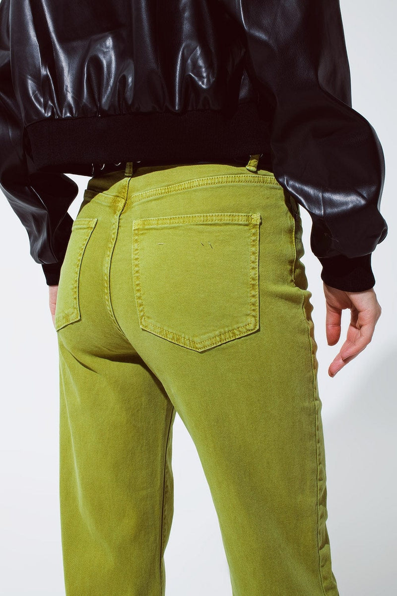 Q2 Women's Jean Straight Leg Jeans With Cropped Hem In Olive Green