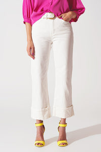 Q2 Women's Jean Straight Leg Jeans with Cropped Hem in White