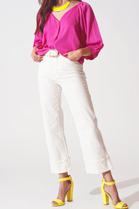Q2 Women's Jean Straight Leg Jeans with Cropped Hem in White