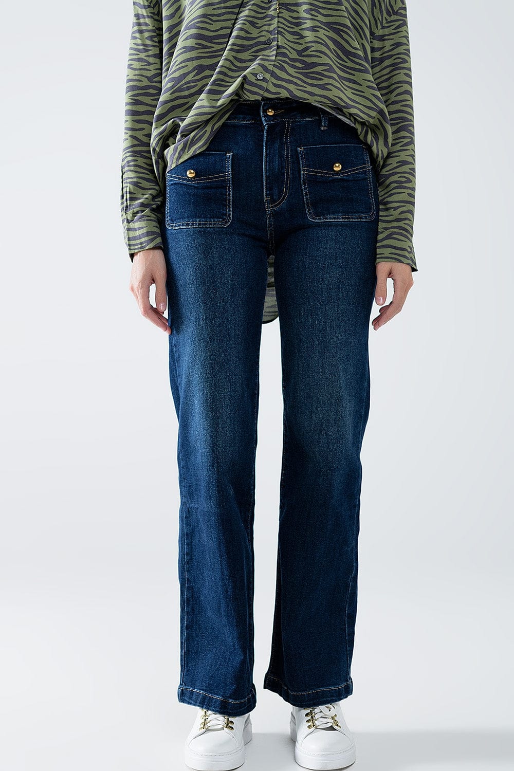 Q2 Women's Jean Straight Leg Jeans With Front Pockets And Button