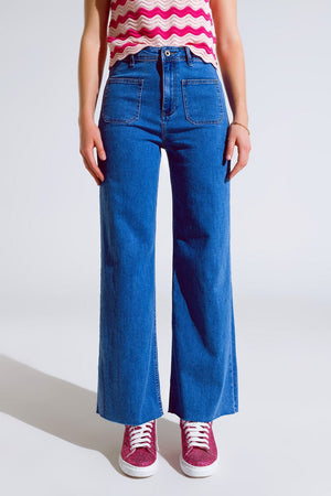 Q2 Women's Jean Straight Leg Jeans With Front Pockets Detail In Mid Wash