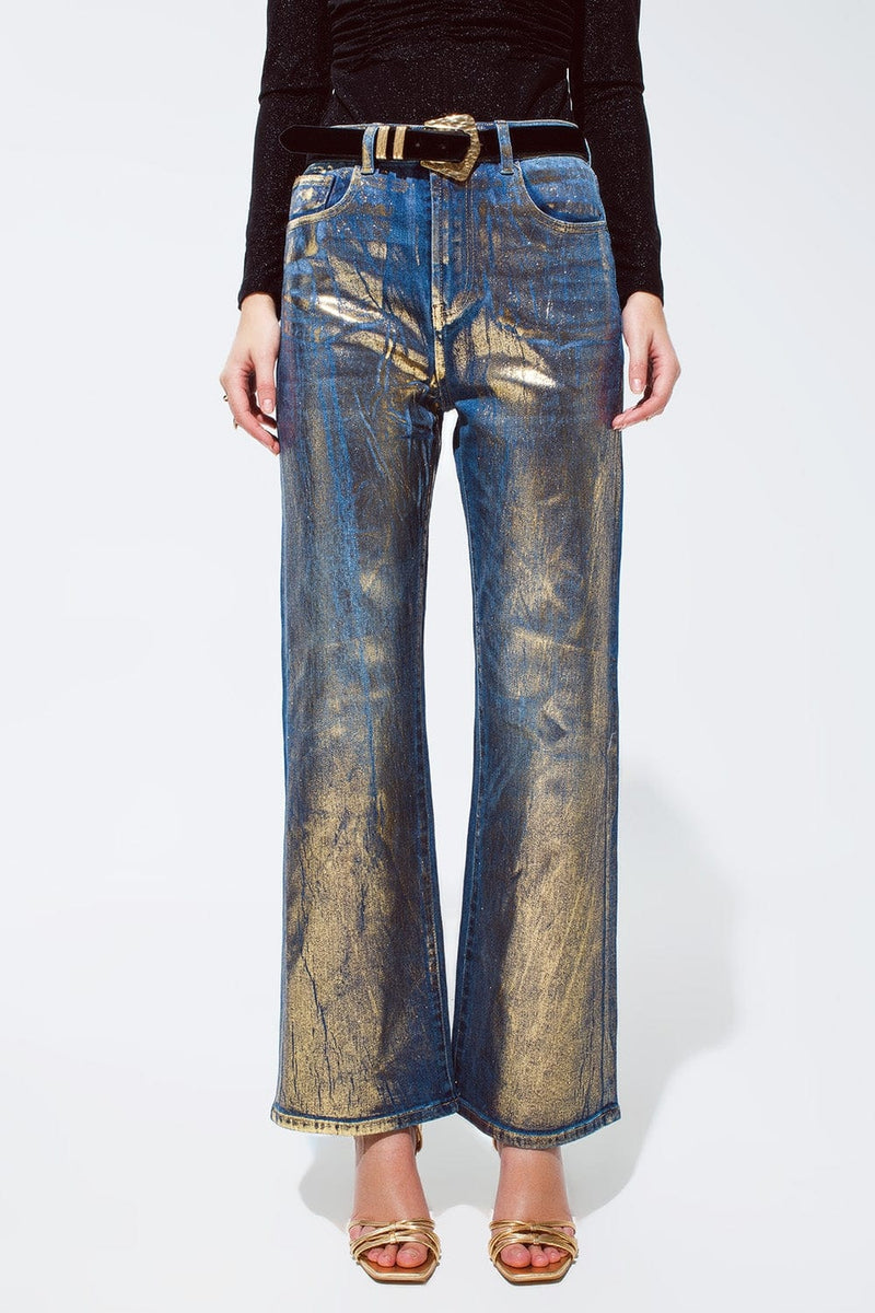 Q2 Women's Jean Straight Leg Jeans With Gold Metallic Finish