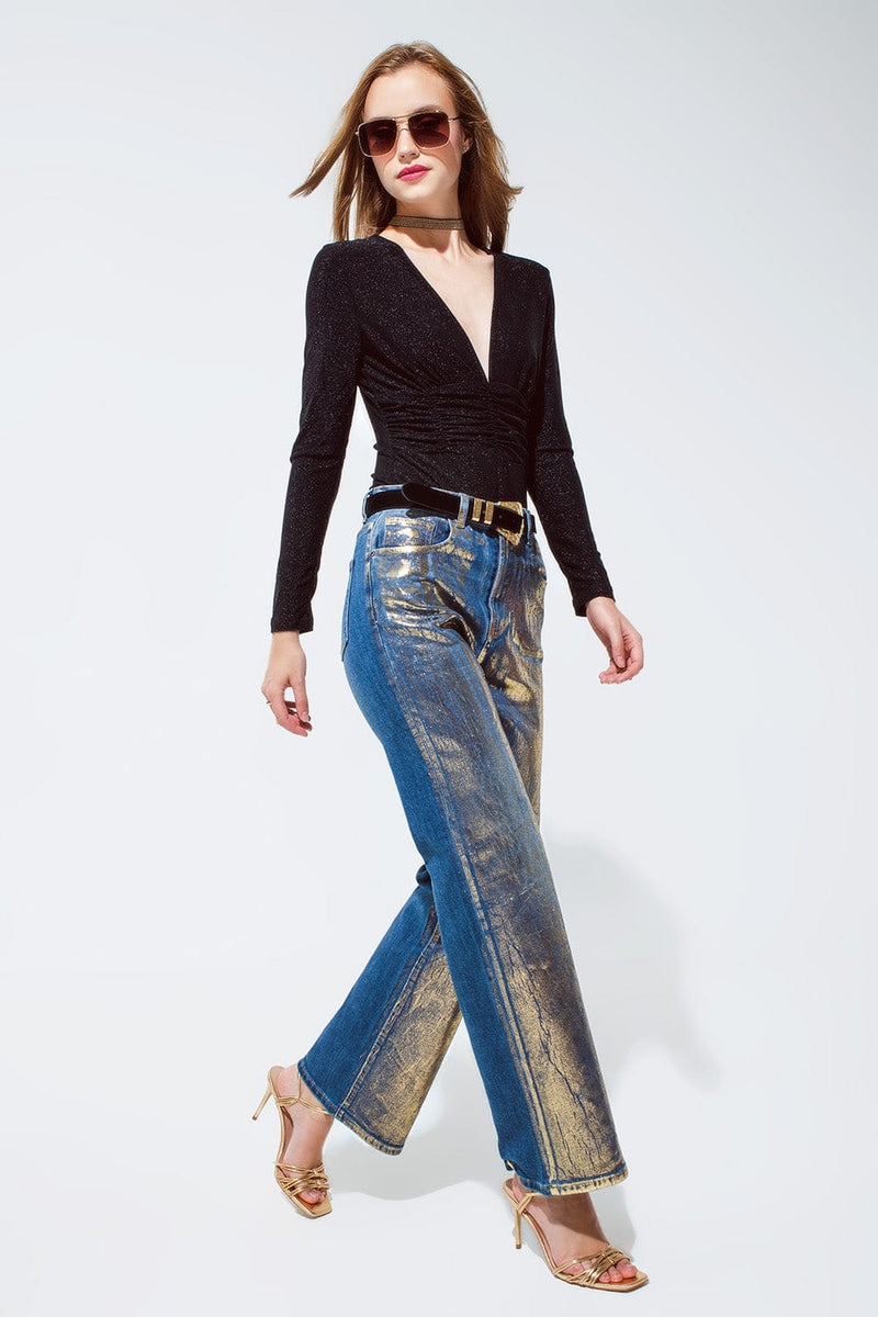 Q2 Women's Jean Straight Leg Jeans With Gold Metallic Finish