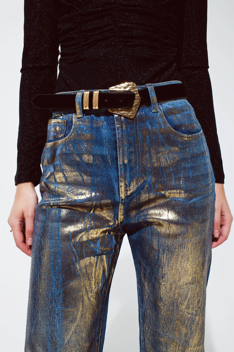 Q2 Women's Jean Straight Leg Jeans With Gold Metallic Finish