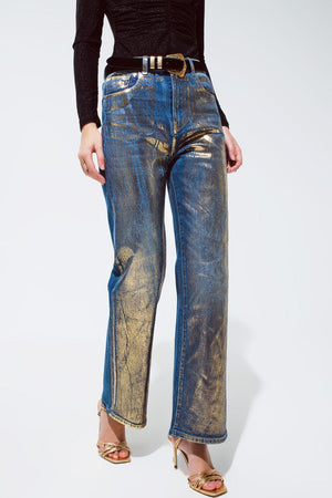 Q2 Women's Jean Straight Leg Jeans With Gold Metallic Finish