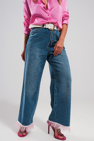 Q2 Women's Jean Straight Leg Jeans with Pink Faux Feather Hem