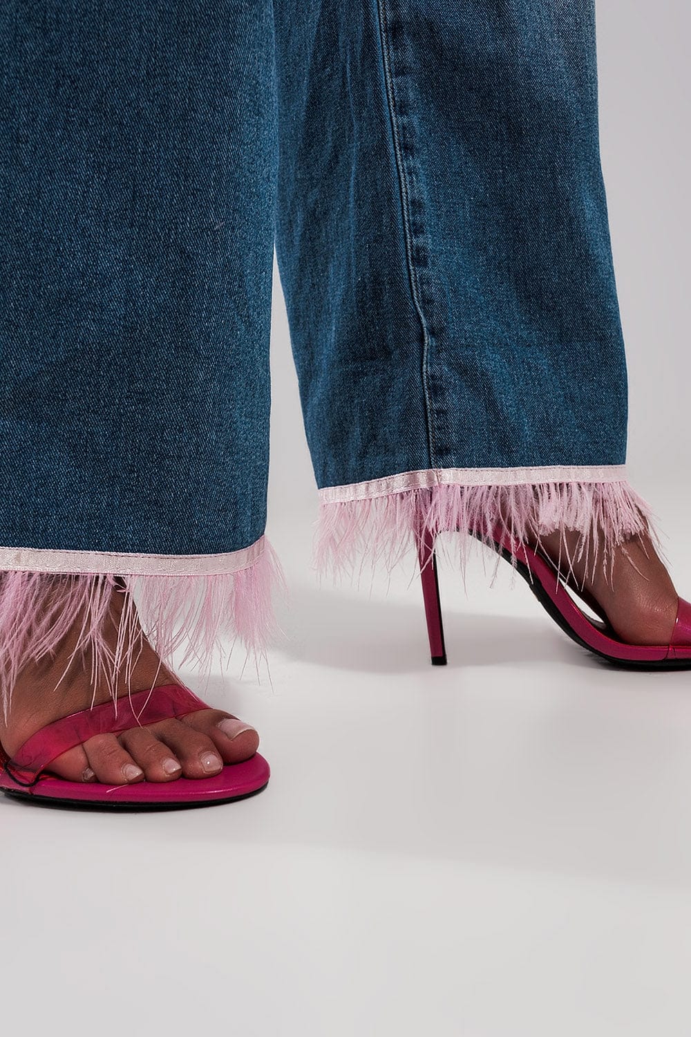 Q2 Women's Jean Straight Leg Jeans with Pink Faux Feather Hem