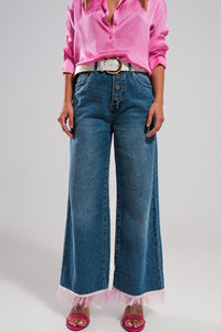 Q2 Women's Jean Straight Leg Jeans with Pink Faux Feather Hem