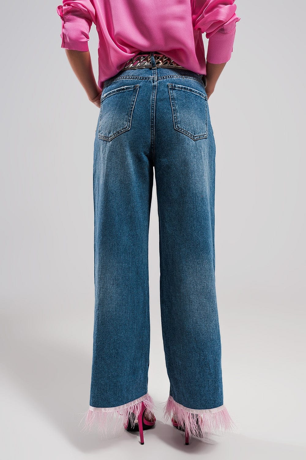 Q2 Women's Jean Straight Leg Jeans with Pink Faux Feather Hem