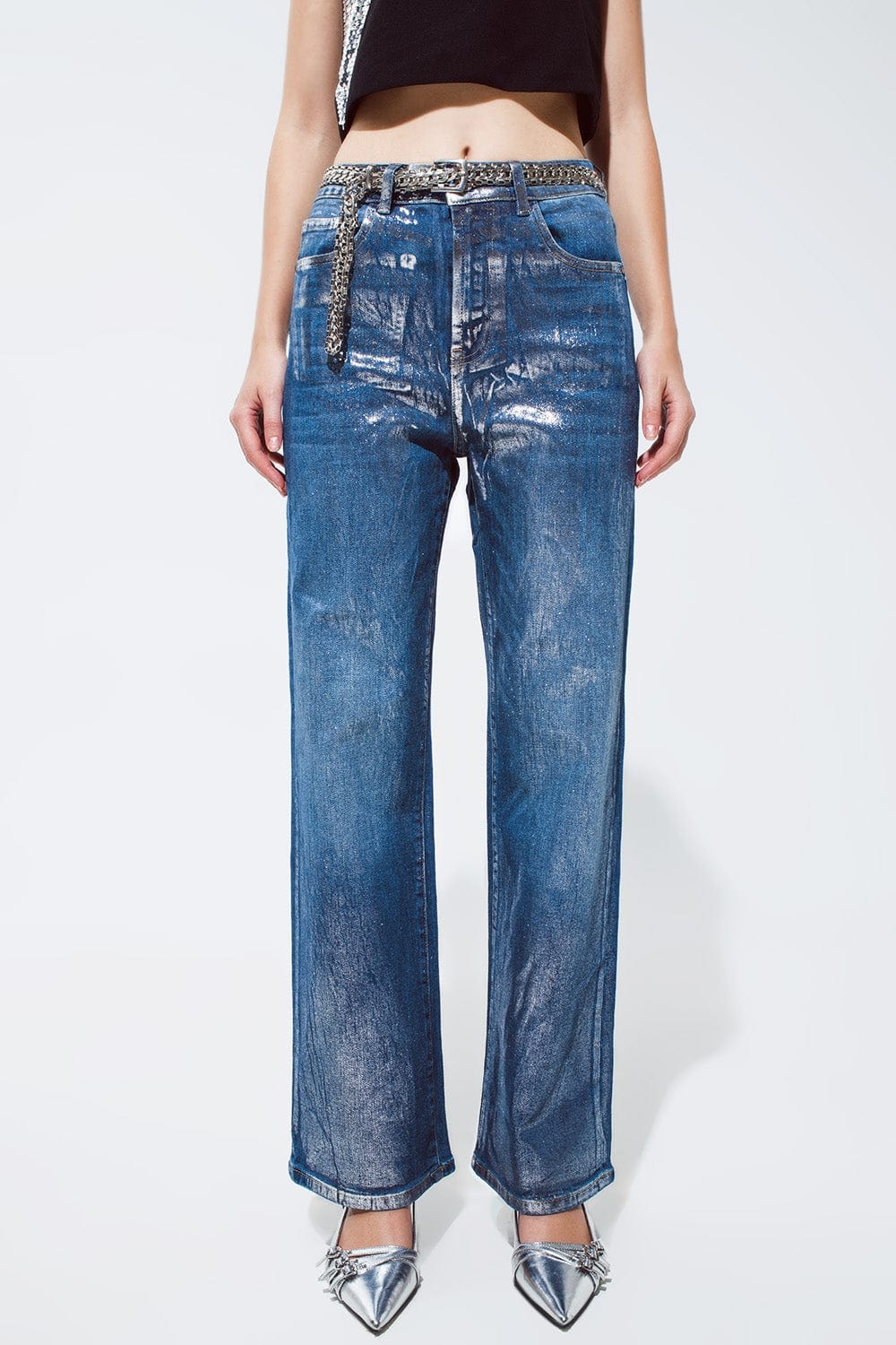 Q2 Women's Jean Straight Leg Jeans With Silver Metallic Finish
