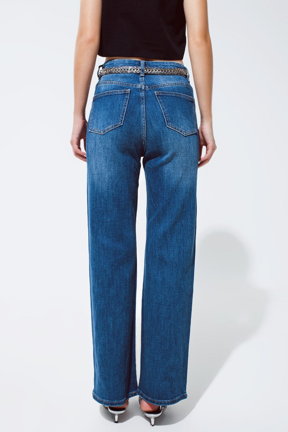 Q2 Women's Jean Straight Leg Jeans With Silver Metallic Finish