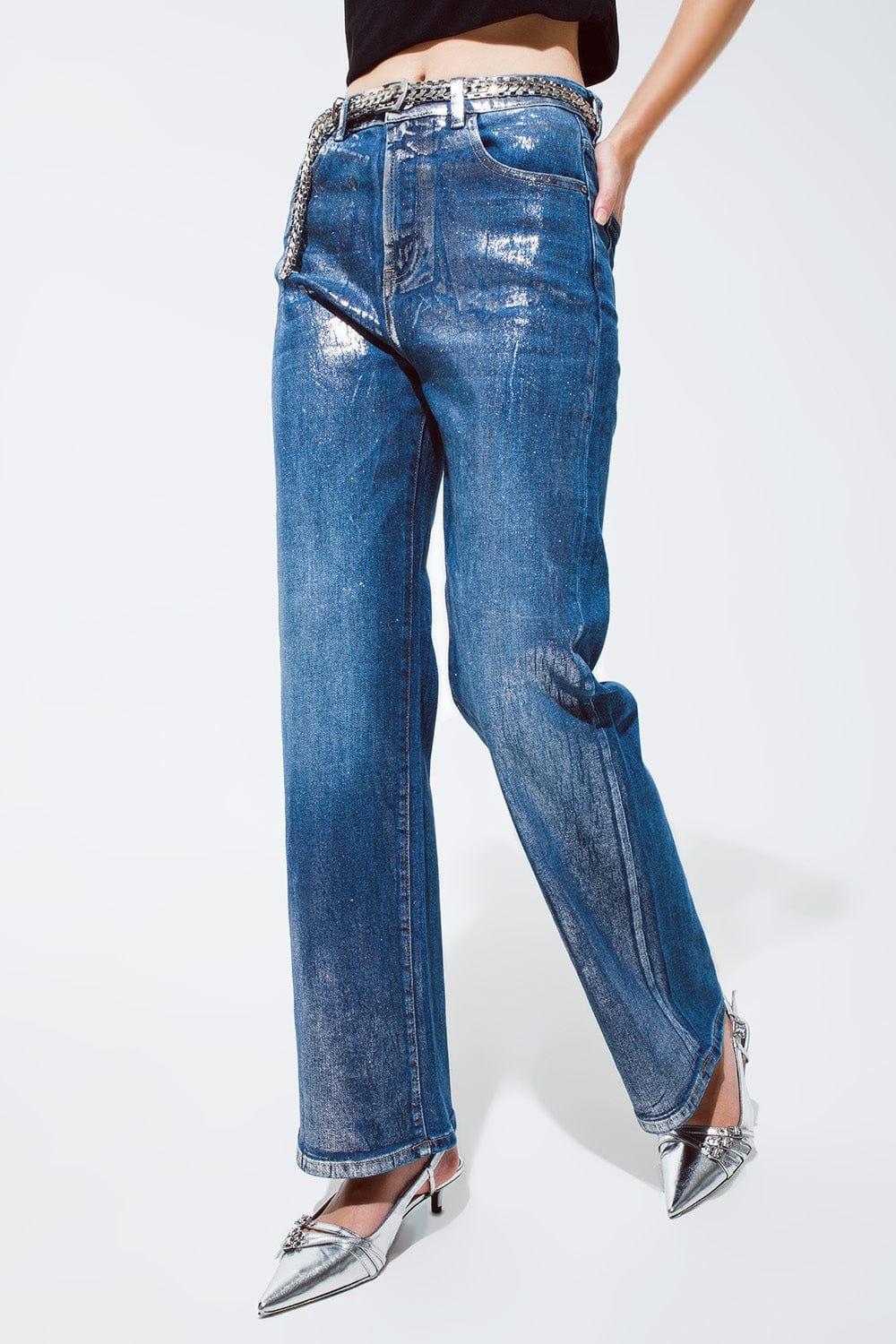 Q2 Women's Jean Straight Leg Jeans With Silver Metallic Finish
