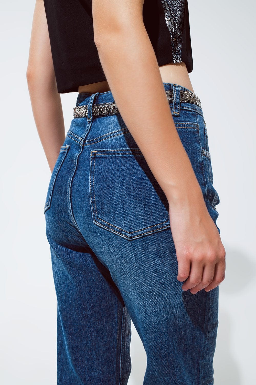 Q2 Women's Jean Straight Leg Jeans With Silver Metallic Finish