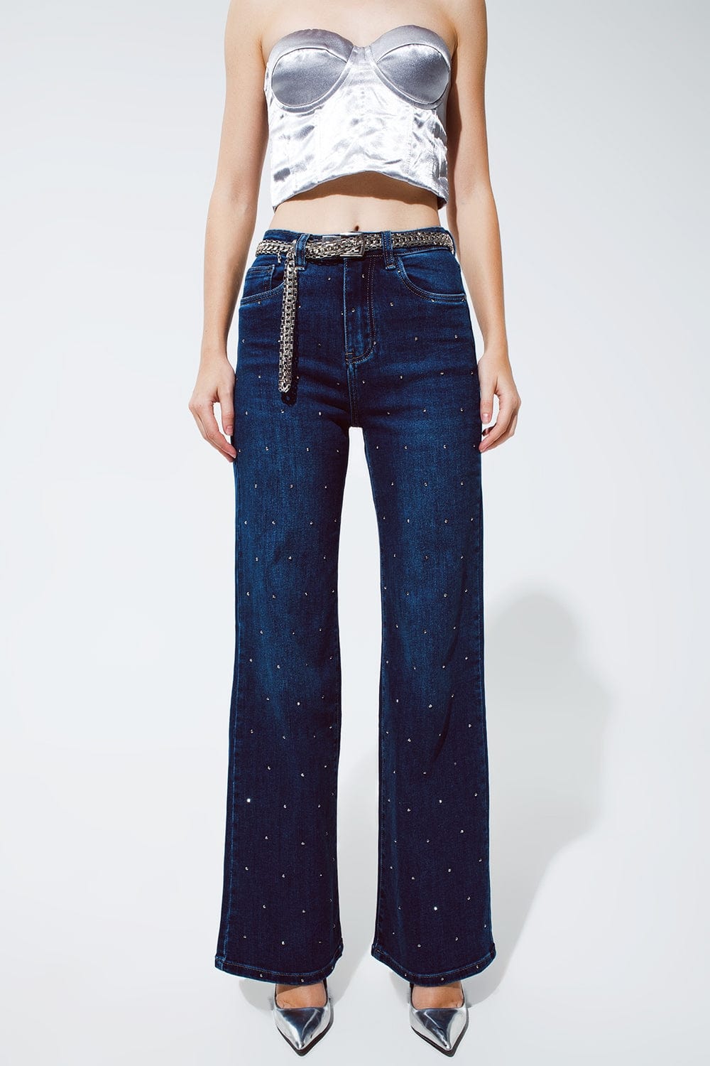 Q2 Women's Jean Straight Leg Jeans With Strass Detail In Blue