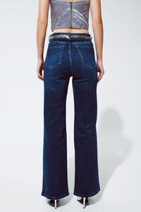 Q2 Women's Jean Straight Leg Jeans With Strass Detail In Blue