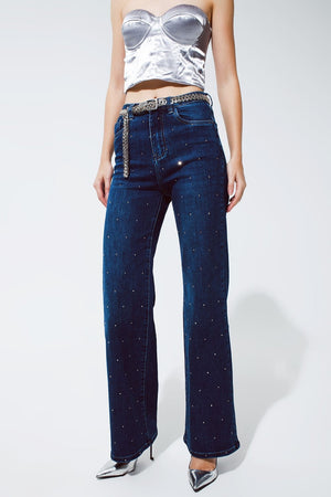 Q2 Women's Jean Straight Leg Jeans With Strass Detail In Blue