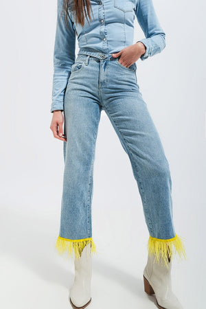 Q2 Women's Jean Straight Leg Jeans with Yellow Faux Feather Hem