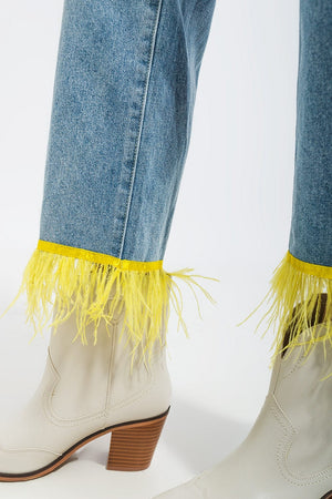 Q2 Women's Jean Straight Leg Jeans with Yellow Faux Feather Hem