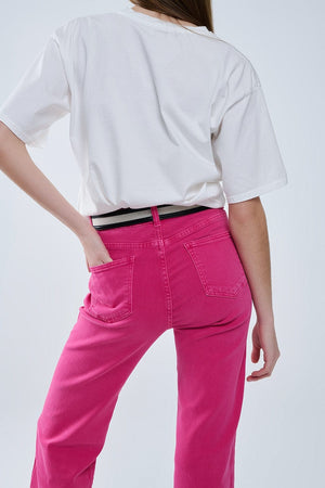 Q2 Women's Jean Straight Leg Pants With Cropped Hem In Magenta