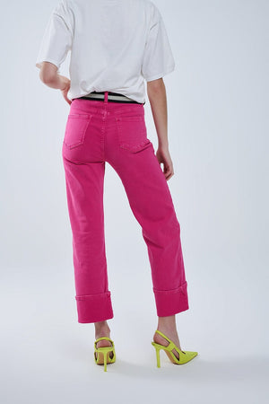 Q2 Women's Jean Straight Leg Pants With Cropped Hem In Magenta