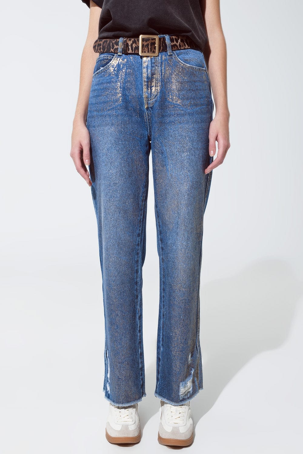Q2 Women's Jean Straight Leg Ripped Jeans With Gold Metallic Glow