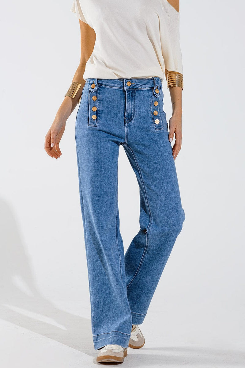 Q2 Women's Jean Straight Marine Style Jeans With Golden Buttons Details On The Side In Mid Blue