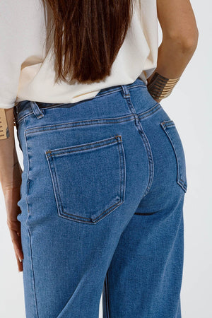 Q2 Women's Jean Straight Marine Style Jeans With Golden Buttons Details On The Side In Mid Blue