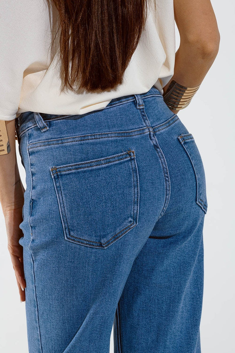 Q2 Women's Jean Straight Marine Style Jeans With Golden Buttons Details On The Side In Mid Blue