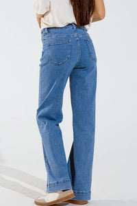 Q2 Women's Jean Straight Marine Style Jeans With Golden Buttons Details On The Side In Mid Blue