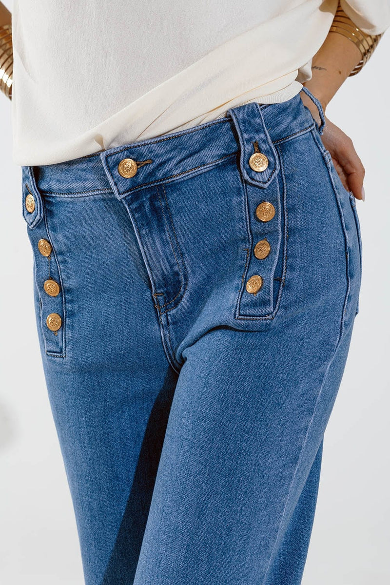 Q2 Women's Jean Straight Marine Style Jeans With Golden Buttons Details On The Side In Mid Blue