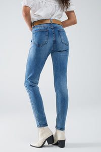 Q2 Women's Jean Stretch Denim Super Skinny Jeans In Midwash With Distress Details