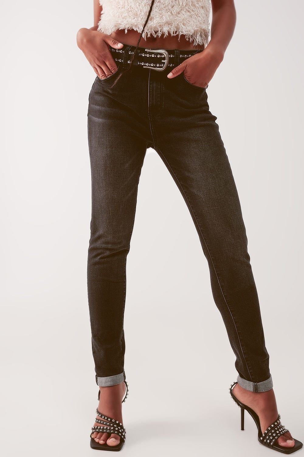 Q2 Women's Jean Super High Waist Skinny Jeans in Washed Black