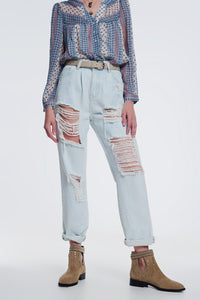 Q2 Women's Jean Super Ripped Boyfriend Jeans in Light Blue