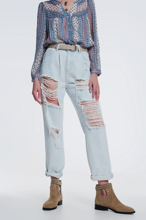 Q2 Women's Jean Super Ripped Boyfriend Jeans in Light Blue