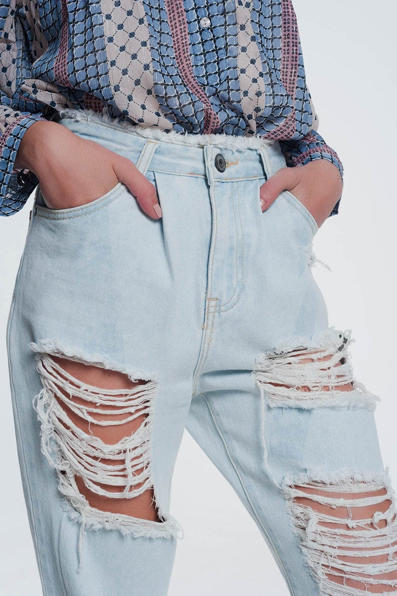 Q2 Women's Jean Super Ripped Boyfriend Jeans in Light Blue