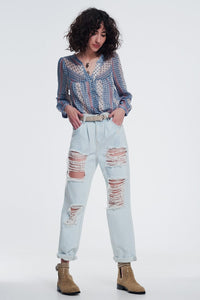 Q2 Women's Jean Super Ripped Boyfriend Jeans in Light Blue