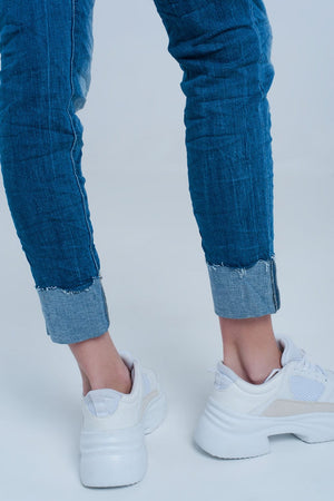 Q2 Women's Jean Turn Up Frayed Hem Jeans